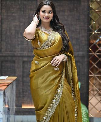 Mustard sequin embroidered, cut work satin silk bollywood saree with blouse 3