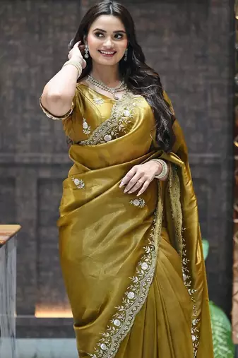 Mustard sequin embroidered, cut work satin silk bollywood saree with blouse