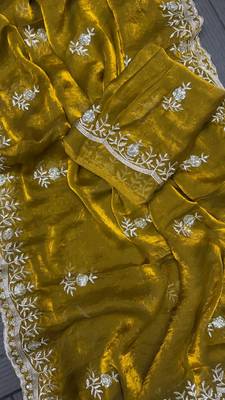 Mustard sequin embroidered, cut work satin silk bollywood saree with blouse 4