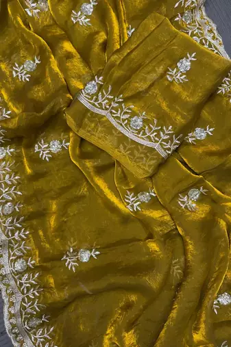 Mustard sequin embroidered, cut work satin silk bollywood saree with blouse