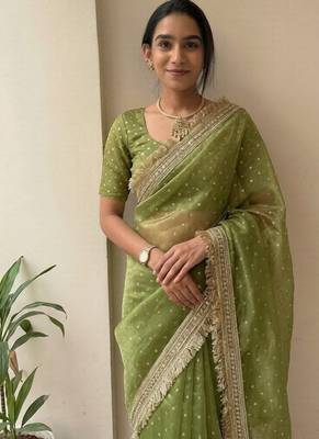Green lace border sofi silk bollywood saree with blouse 1