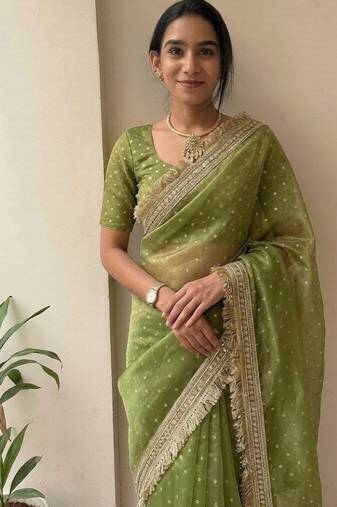 Green lace border sofi silk bollywood saree with blouse