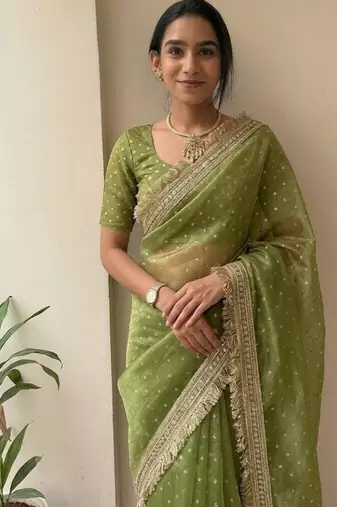 Green lace border sofi silk bollywood saree with blouse