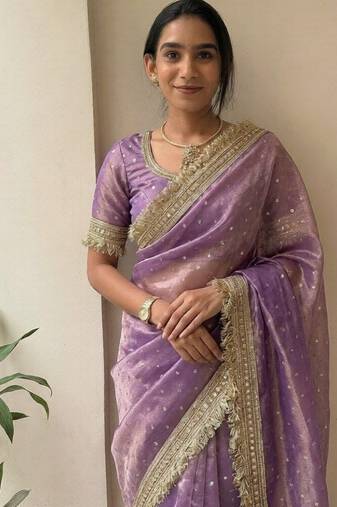 Lavender lace border sofi silk bollywood saree with blouse