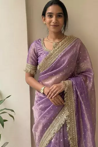 Lavender lace border sofi silk bollywood saree with blouse