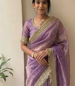Lavender lace border sofi silk bollywood saree with blouse