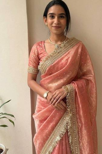 Peach lace border sofi silk bollywood saree with blouse