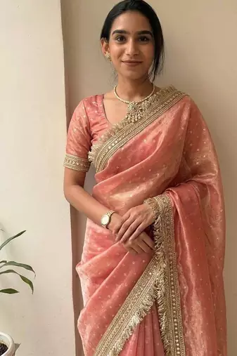 Peach lace border sofi silk bollywood saree with blouse