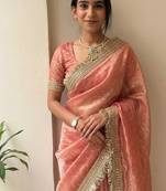 Peach lace border sofi silk bollywood saree with blouse