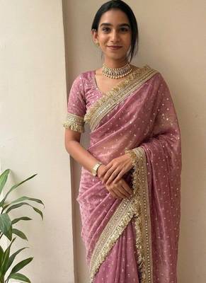 Pink lace border sofi silk bollywood saree with blouse 1