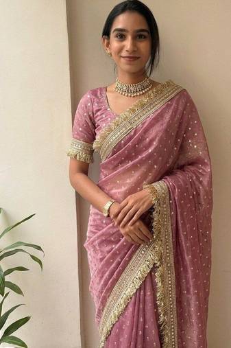 Pink lace border sofi silk bollywood saree with blouse
