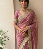 Pink lace border sofi silk bollywood saree with blouse
