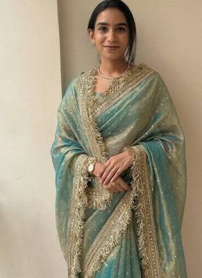 Sea green lace border sofi silk bollywood saree with blouse 1