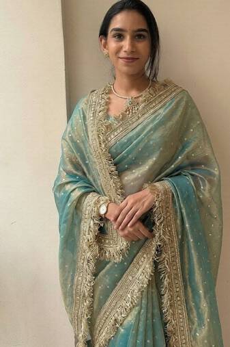 Sea green lace border sofi silk bollywood saree with blouse