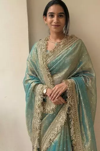 Sea green lace border sofi silk bollywood saree with blouse
