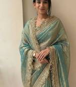 Sea green lace border sofi silk bollywood saree with blouse