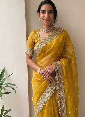 Yellow lace border sofi silk bollywood saree with blouse 1