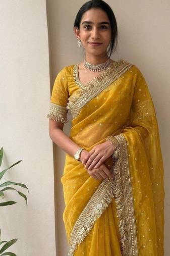 Yellow lace border sofi silk bollywood saree with blouse