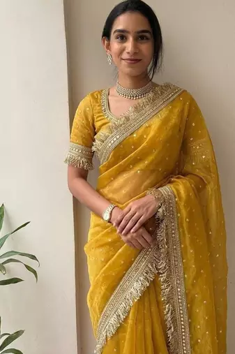 Yellow lace border sofi silk bollywood saree with blouse