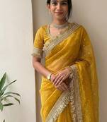 Yellow lace border sofi silk bollywood saree with blouse