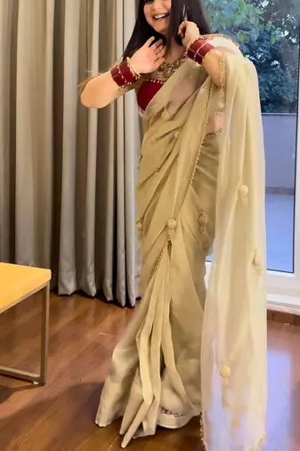 Off white hand made lace with latkan rangoli silk bollywood saree with blouse