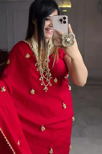 Red moti handwork,  latkan satin silk bollywood saree with blouse
