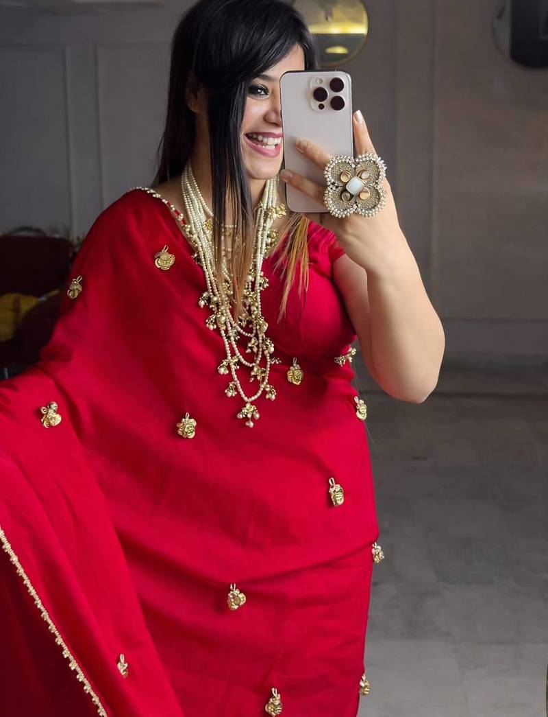 Red moti handwork,  latkan satin silk bollywood saree with blouse