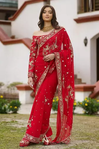 red embrodiery zari sequin embroidered moti work georgette saree with blouse