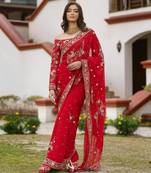 red embrodiery zari sequin embroidered moti work georgette saree with blouse