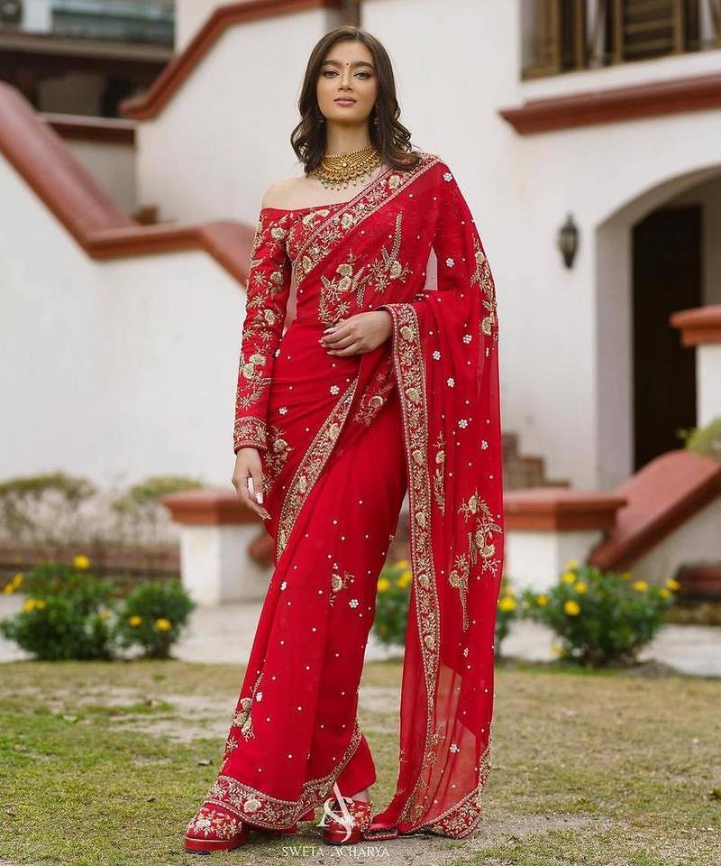 red embrodiery zari sequin embroidered moti work georgette saree with blouse