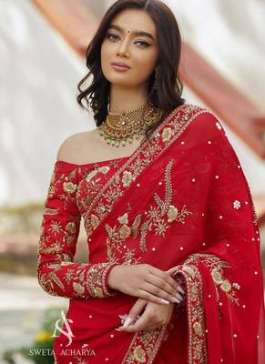 red embrodiery zari sequin embroidered moti work georgette saree with blouse 2