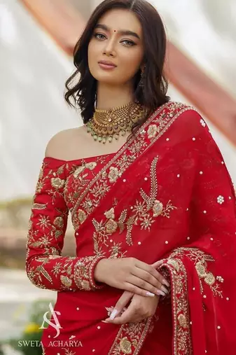 red embrodiery zari sequin embroidered moti work georgette saree with blouse