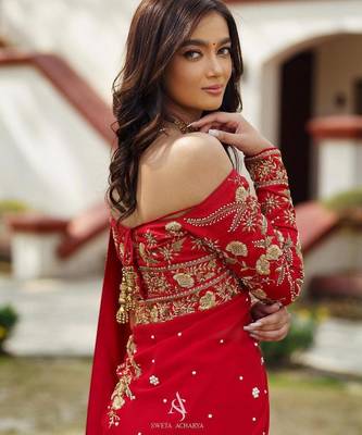red embrodiery zari sequin embroidered moti work georgette saree with blouse 3