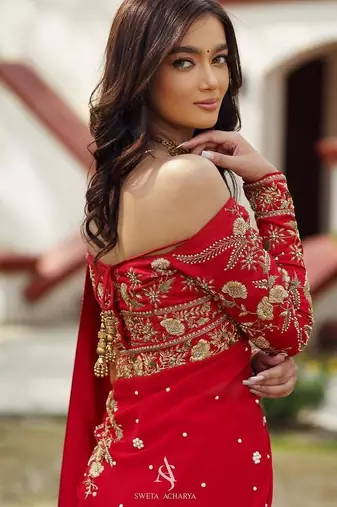 red embrodiery zari sequin embroidered moti work georgette saree with blouse