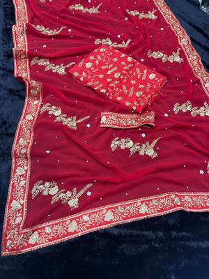 red embrodiery zari sequin embroidered moti work georgette saree with blouse 4