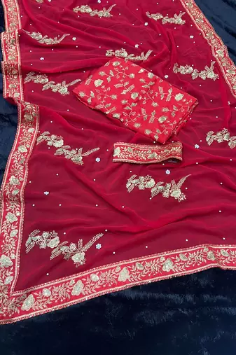 red embrodiery zari sequin embroidered moti work georgette saree with blouse
