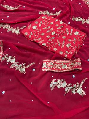 red embrodiery zari sequin embroidered moti work georgette saree with blouse 5