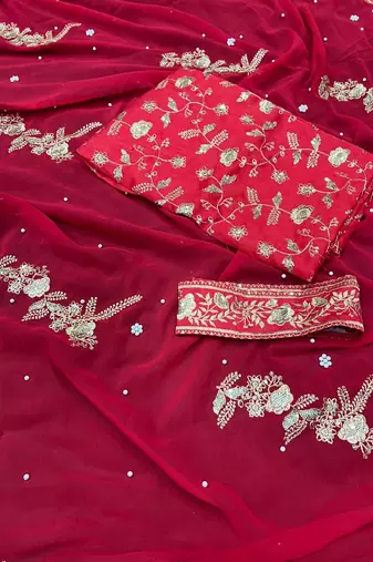 red embrodiery zari sequin embroidered moti work georgette saree with blouse