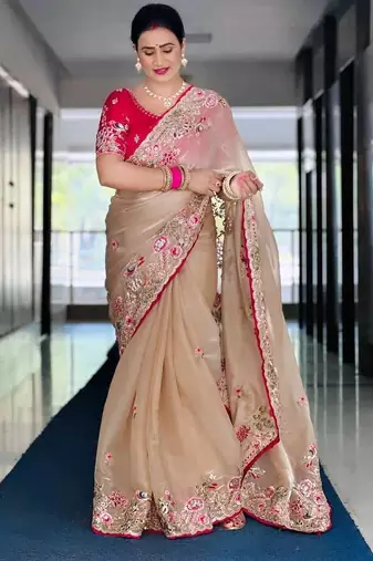 Beige embroidered, sequin embroidered, cut work zimmy choo silk bollywood saree with blouse