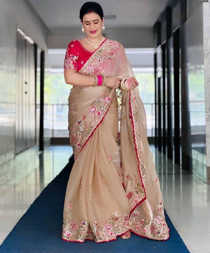 Beige embroidered, sequin embroidered, cut work zimmy choo silk bollywood saree with blouse