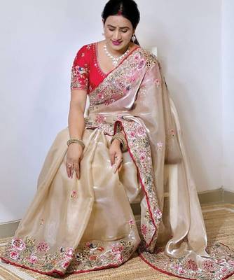 Beige embroidered, sequin embroidered, cut work zimmy choo silk bollywood saree with blouse 2