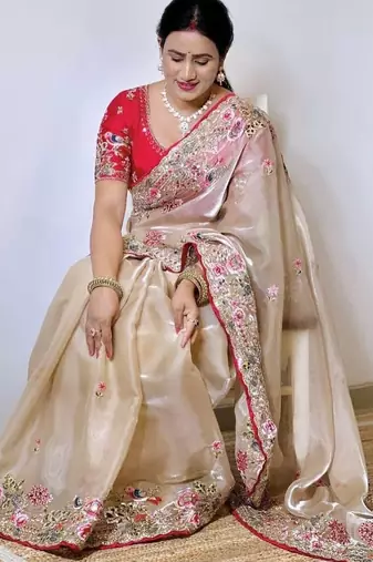 Beige embroidered, sequin embroidered, cut work zimmy choo silk bollywood saree with blouse
