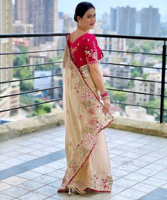 Beige embroidered, sequin embroidered, cut work zimmy choo silk bollywood saree with blouse 3
