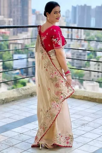 Beige embroidered, sequin embroidered, cut work zimmy choo silk bollywood saree with blouse