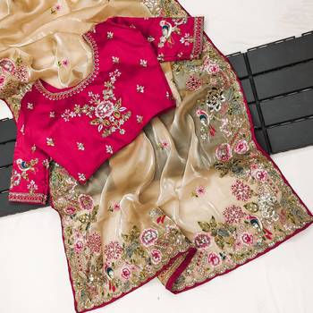 Beige embroidered, sequin embroidered, cut work zimmy choo silk bollywood saree with blouse 4