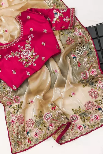 Beige embroidered, sequin embroidered, cut work zimmy choo silk bollywood saree with blouse
