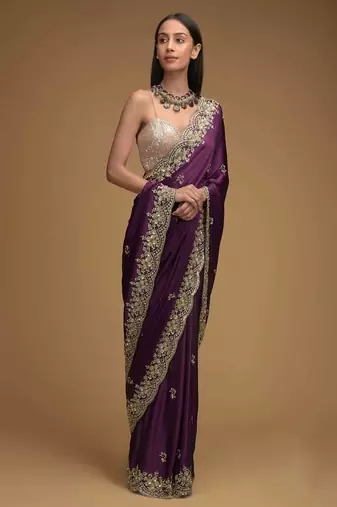 Purple embroidered, sequin embroidered, cut work rangoli silk bollywood saree with blouse