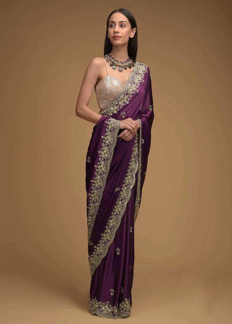 Purple embroidered, sequin embroidered, cut work rangoli silk bollywood saree with blouse