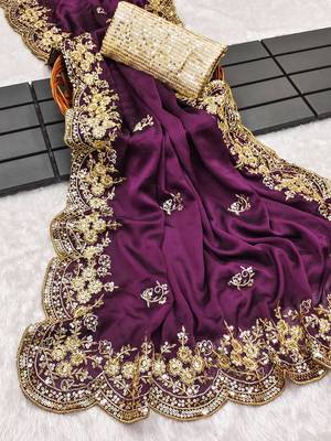 Purple embroidered, sequin embroidered, cut work rangoli silk bollywood saree with blouse 4
