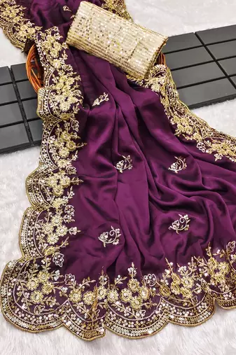 Purple embroidered, sequin embroidered, cut work rangoli silk bollywood saree with blouse
